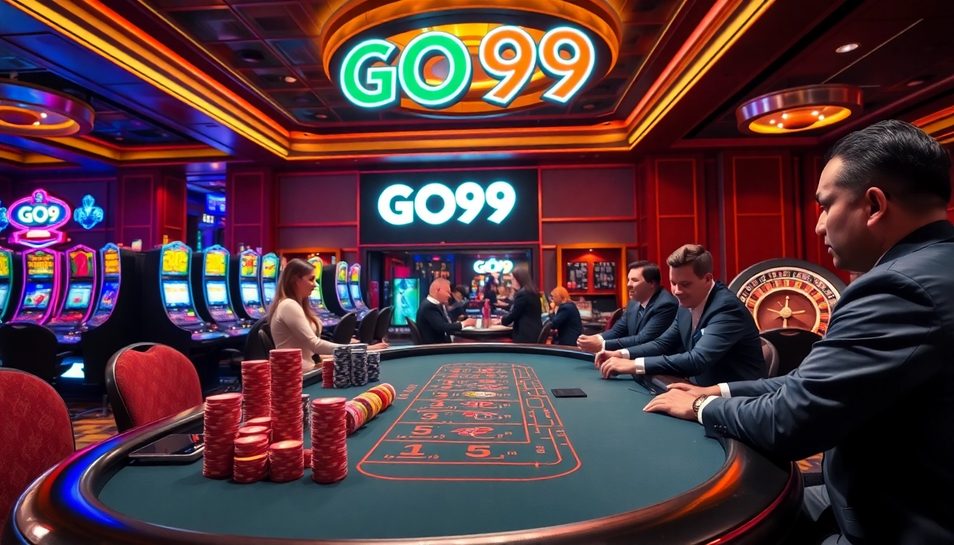 Intensely focused players at a blackjack table in a luxurious GO99 casino setting.