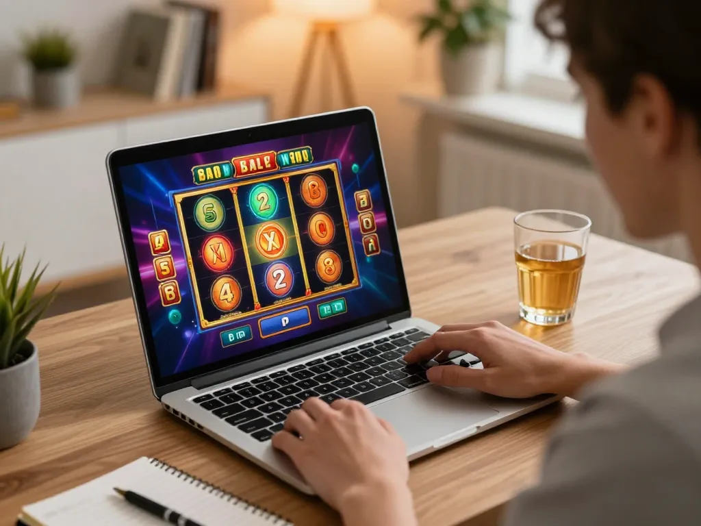 Player engaging with OKFUN online slots gameplay in a cozy home setup