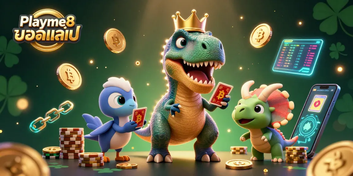 เล่นเกมคาสิโนออนไลน์ Playme8 บอลสเต็ป ด้วยการ์ตูน T-Rex ถือไพ่และคุณลักษณะการพนันอื่นๆ