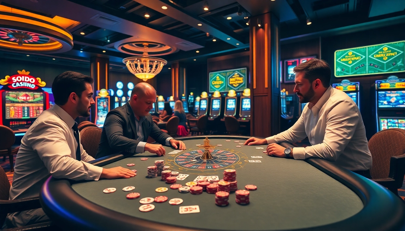 SODO CASINO poker game scene with players, chips, and roulette wheel in luxurious setting.