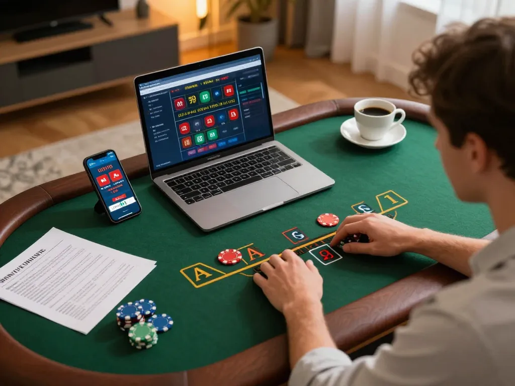 Kuwin player engaging in online blackjack game at home with strategy notes and casual atmosphere