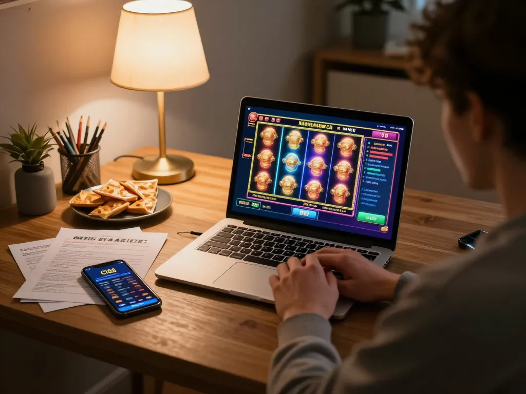 Player enjoying C168 online casino gameplay on laptop, surrounded by strategy notes and cozy home atmosphere.
