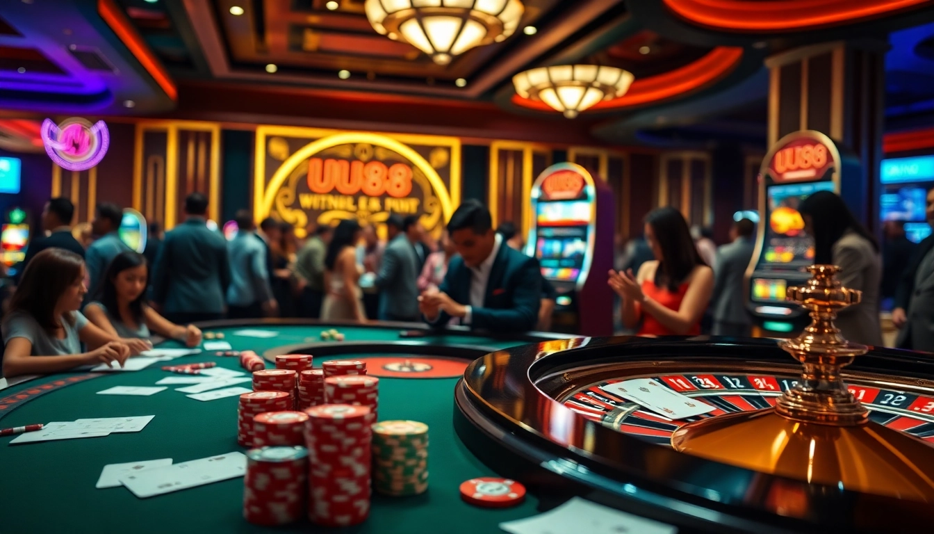 Experience the excitement at UU88 with vibrant gaming tables, colorful slot machines, and enthusiastic gamblers.