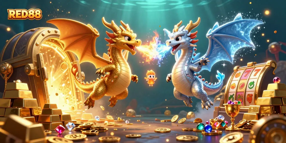 Engage with the dynamic RED88 casino scene featuring dazzling slot reels and mythical dragons.