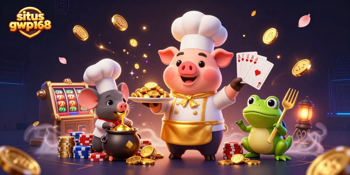 Visualisasi situs gwp168 dengan karakter koki babi, mouse sous-chef, dan katak kritikus makanan.