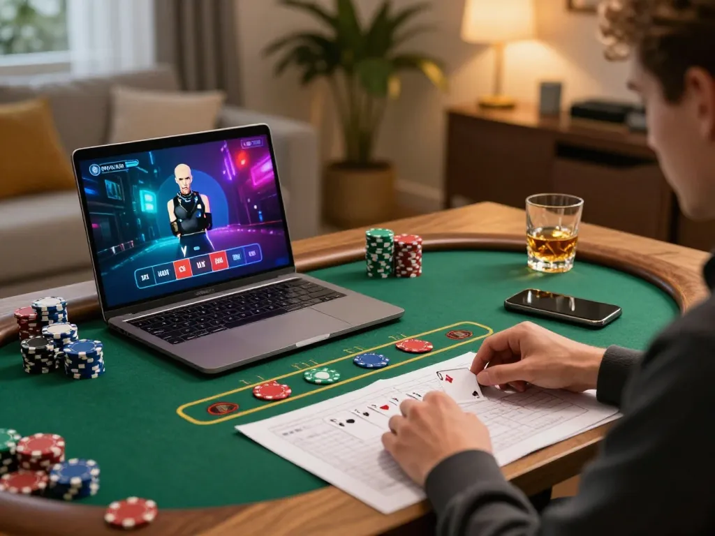 JUN88 player strategizing while enjoying an online blackjack game in a cozy home setting