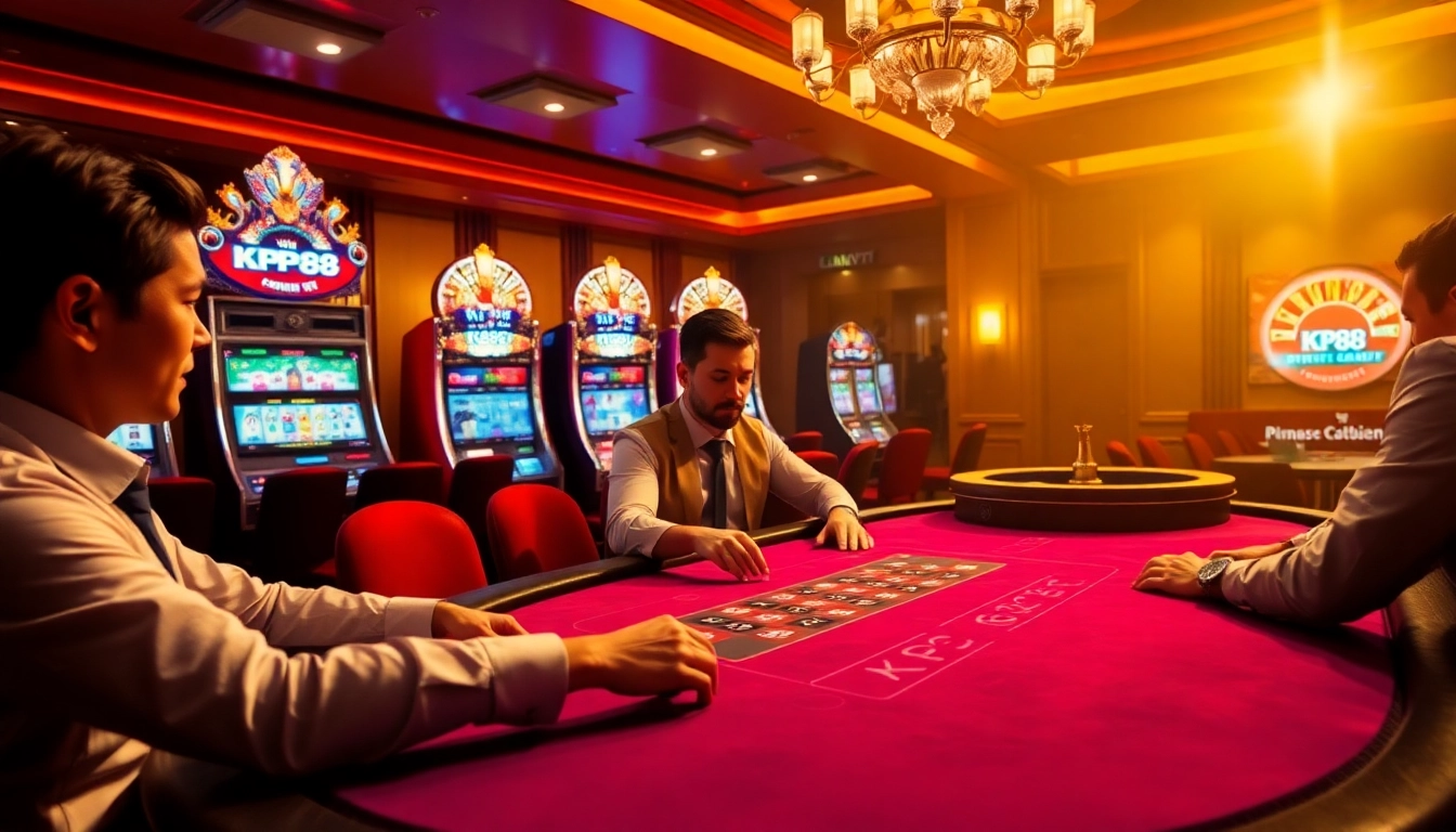 KP88 players strategizing at a luxury poker table in a high-stakes casino environment.