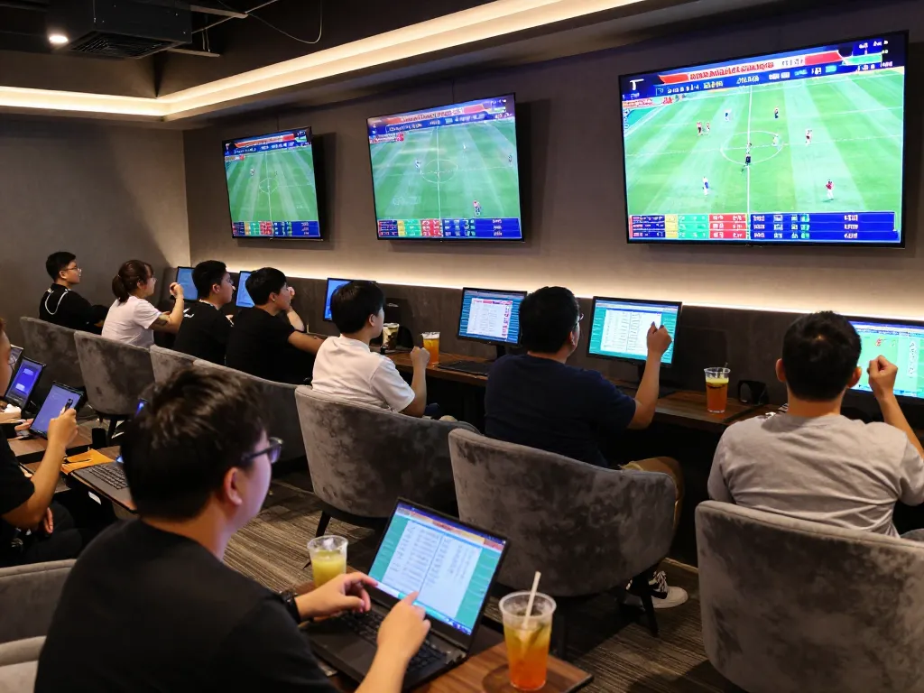 Exciting moment at sbobet88 sports betting lounge with enthusiastic bettors engaging in World Cup action