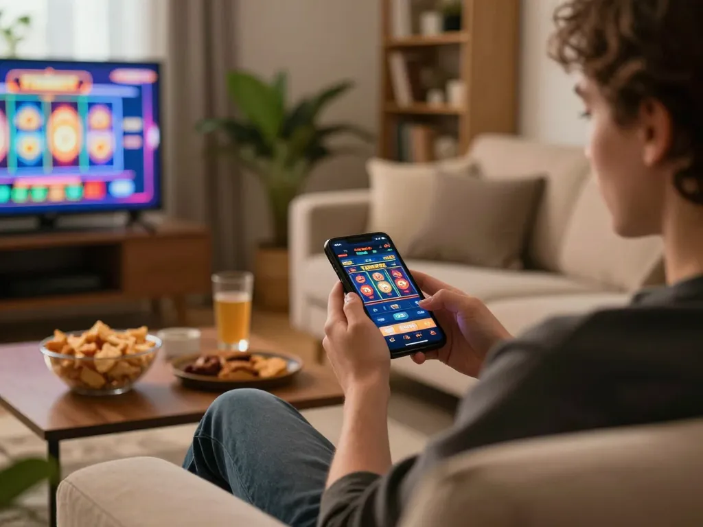 Player enjoying the KJC casino app on smartphone in a cozy home setting.