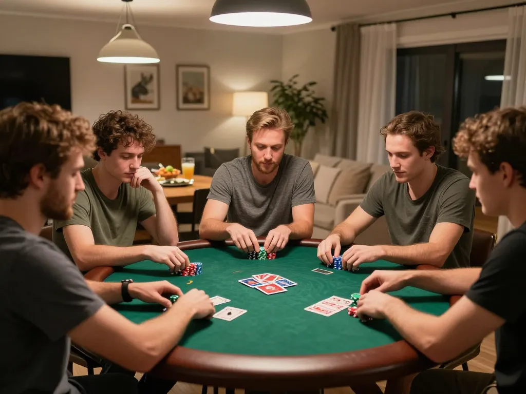 Friends enjoying a poker night at home, enhancing engagement with nhà cái 88GO's gaming strategies.