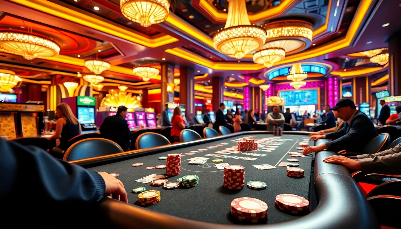 Link sbobet di meja poker yang ramai, menampilkan suasana kasino mewah dan penuh semangat.
