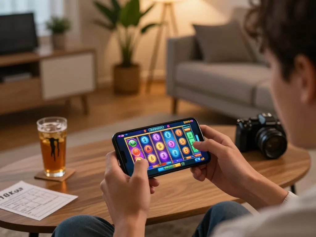 Engaging gameplay of 918Kaya PNG on smartphone in a cozy home setting.
