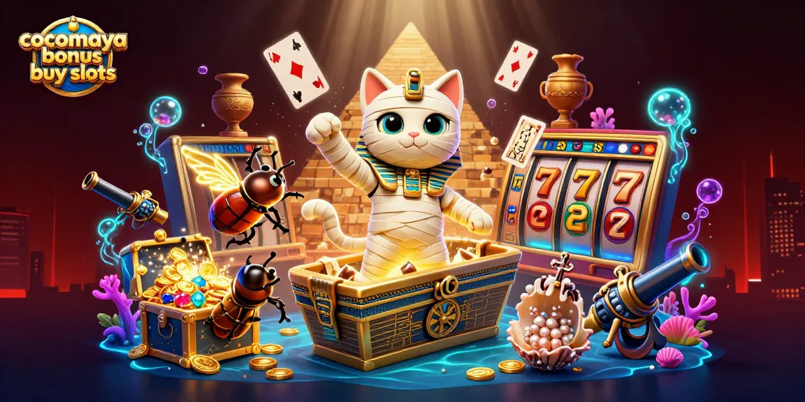 Experience the excitement of cocomaya bonus buy slots with a lively casino scene featuring a mummy cat, glowing scarab, and floating hieroglyph cards.