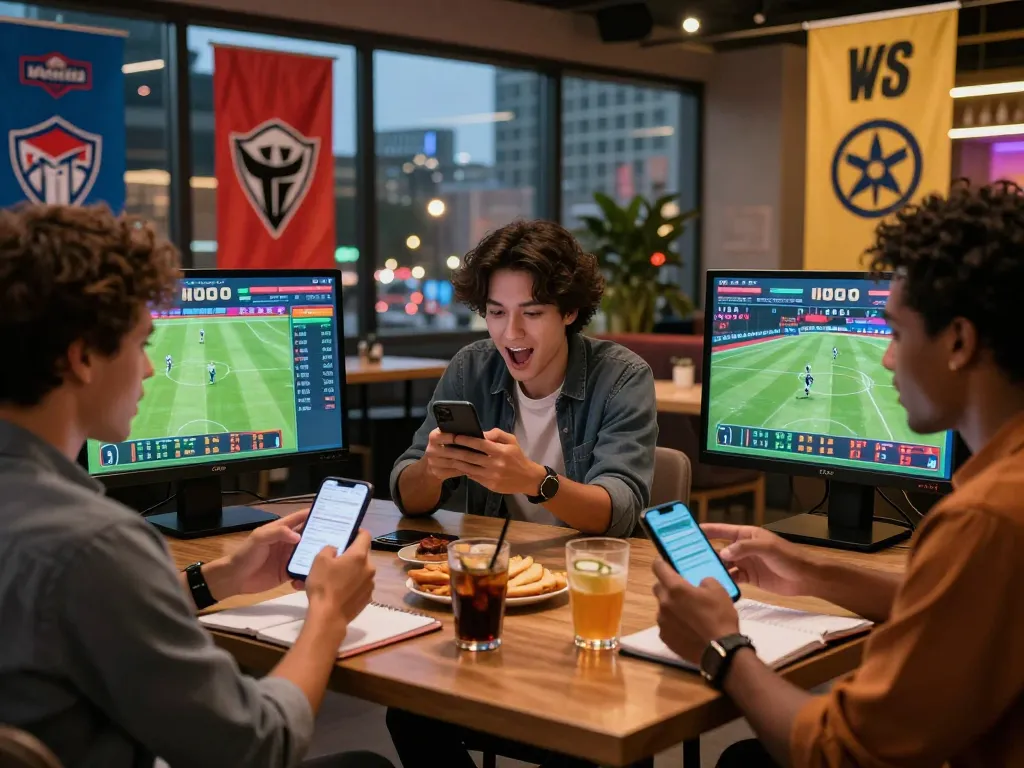 Cheerful group of friends engaging with kèo nhà cái at a live sports event in a lively urban lounge setting.
