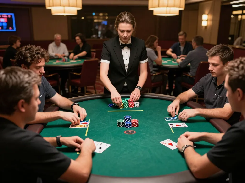 Players engaged in a lively poker game at Go88 casino, showcasing competitive betting with vibrant poker chips.