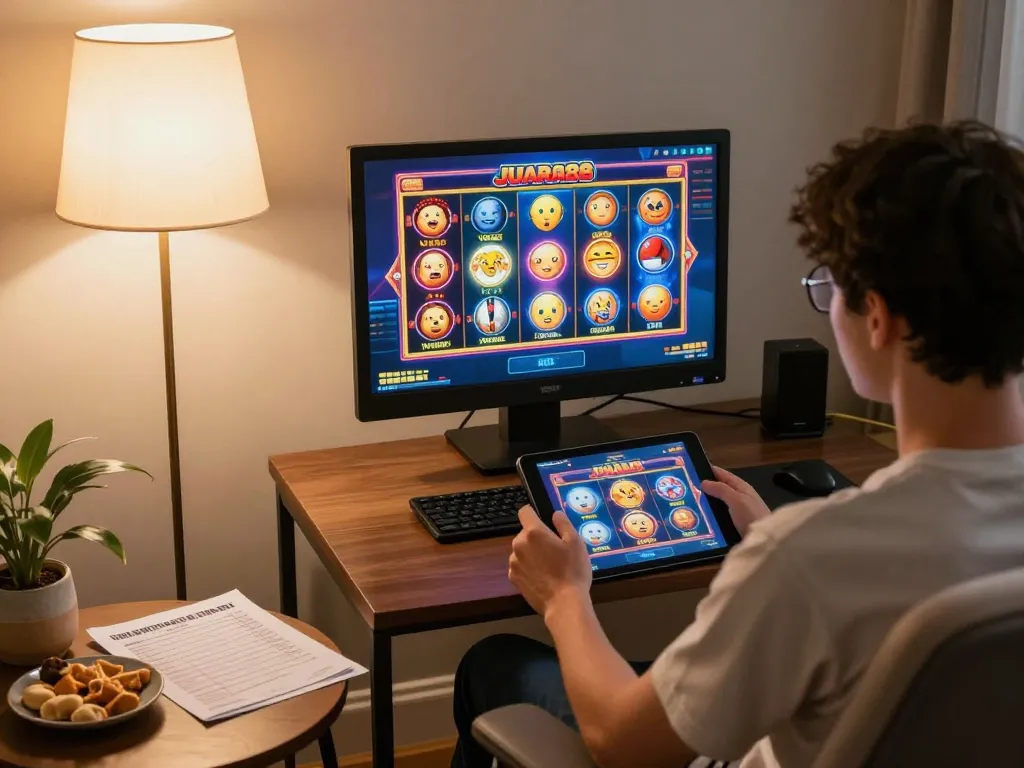 Player engaging with JUARA88 online slots on a tablet while enjoying a cozy home environment
