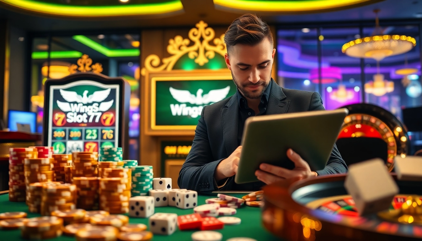 A player enjoying a dynamic online gaming experience at Wingslots77 with vibrant casino elements.