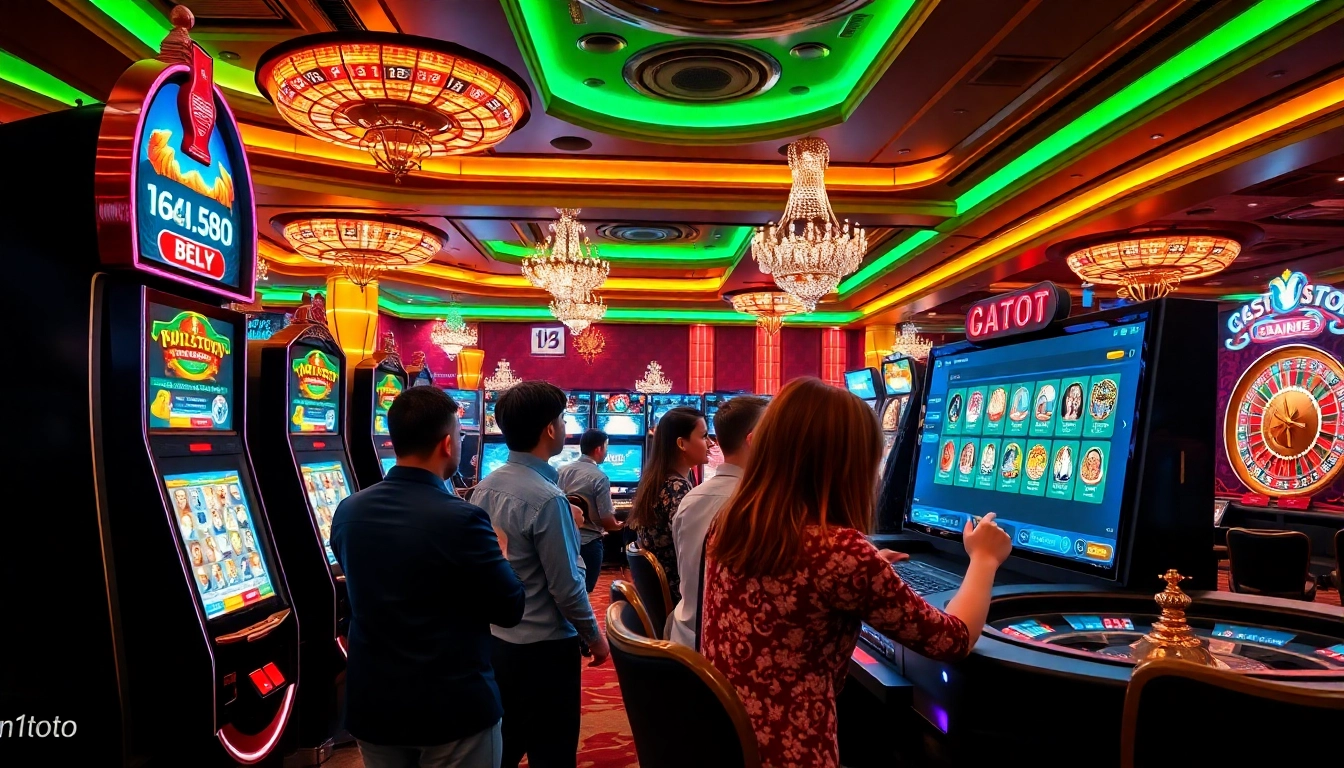 Rasakan sensasi m1toto dengan mesin slot berwarna-warni dan pemain yang antusias di kasino mewah.