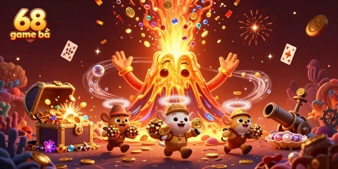 Experience excitement with 68 game bài as treasures explode from the volcano scene featuring playful animals.