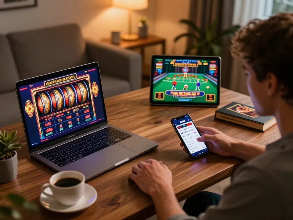 Person immersing in strategic online gambling with the 3WIN app and vibrant slots, showcasing a cozy gaming setup.