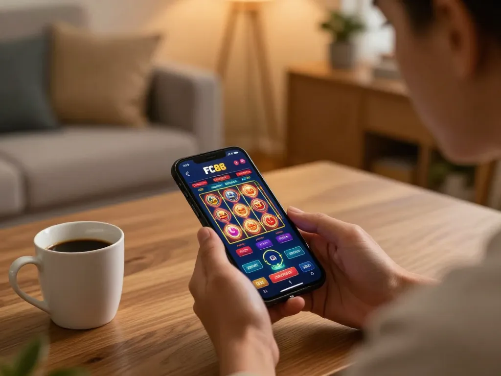 Engaging mobile gaming experience with FC88 slots on a smartphone, highlighting strategic betting.