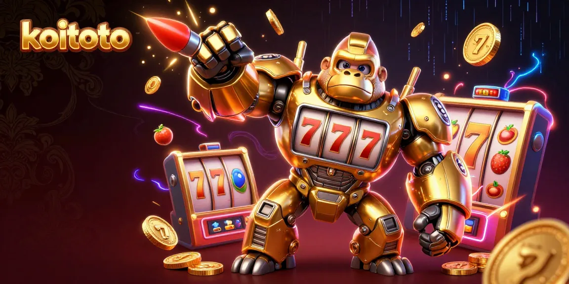 Koitoto's exciting gaming experience showcases a golden gorilla mech amidst dynamic slot game elements and vivid lights.