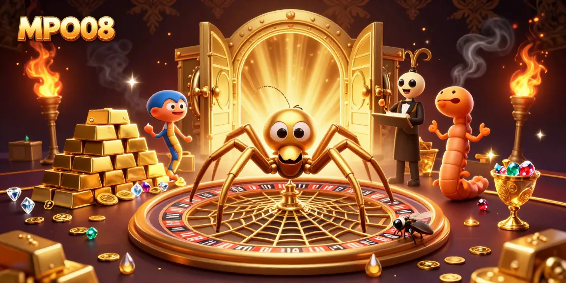 MPO08 spins a dazzling roulette web while a nervous fly bets amidst piles of shining treasures.