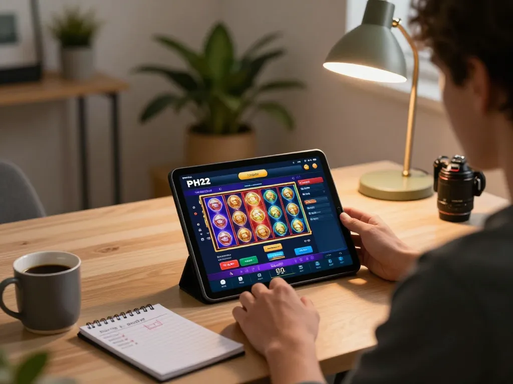 Player enjoying PH22 casino app on tablet while discussing betting strategies in a cozy home setup
