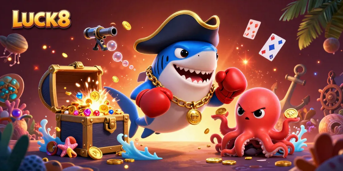 Join the fun at LUCK8, where a vibrant casino adventure awaits pirate shark, pufferfish, and octopus.