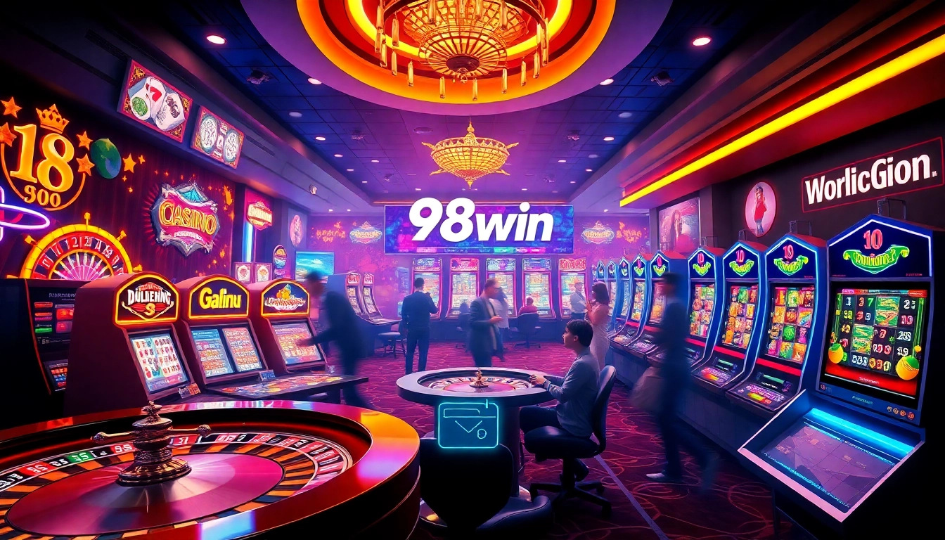 Exciting gaming scene at 98win casino, showcasing immersive casino games and vibrant digital interfaces.