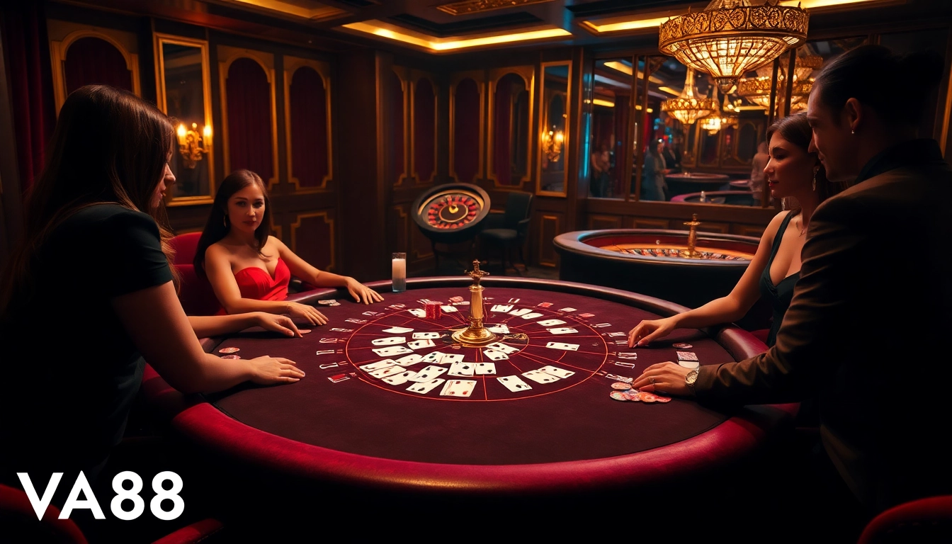 Players at VA88 enjoying a thrilling poker game in an elegant casino setting.