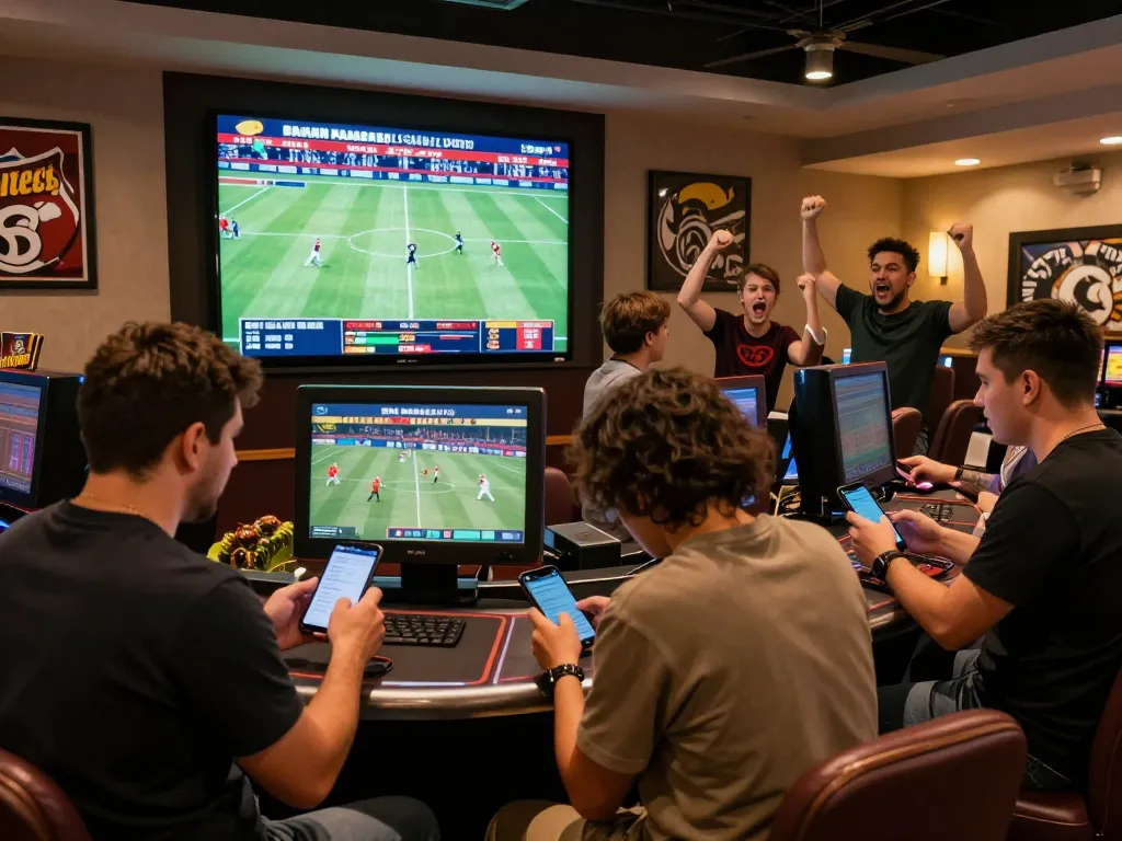 Bsport users celebrating sports betting win with mobile devices in a lively casino atmosphere.