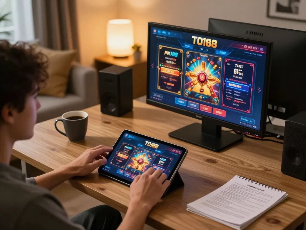 Engaging in online gaming on TO188 with strategic gameplay and relaxed ambiance in a home office setting.