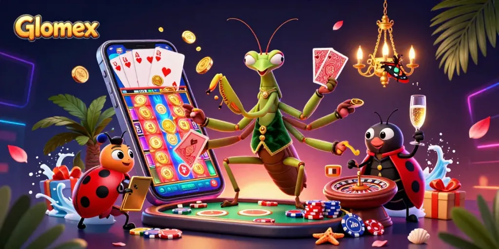 Engage with Glomex's vibrant casino scene featuring a giant praying mantis and ladybug amid dynamic gambling activities.