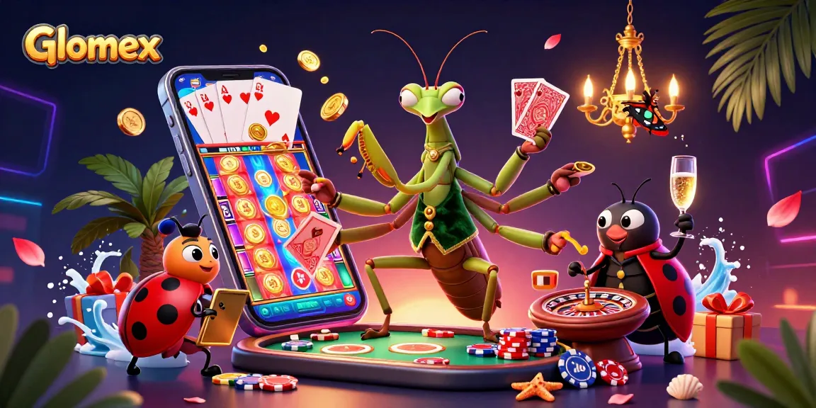 Engage with Glomex's vibrant casino scene featuring a giant praying mantis and ladybug amid dynamic gambling activities.