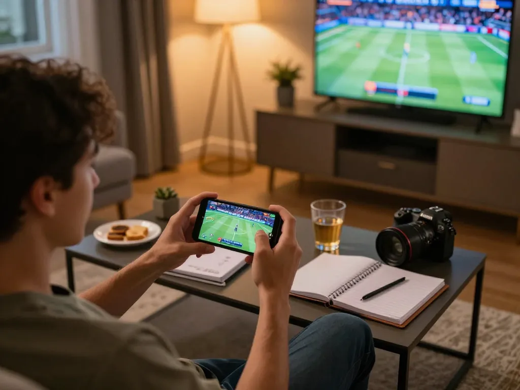 8k8 player engaging in dynamic sports betting from home on smartphone, showcasing strategy and excitement.