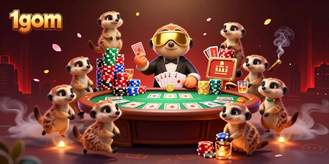 1gom meerkats orchestrating a lively poker game with colorful chips and cards.