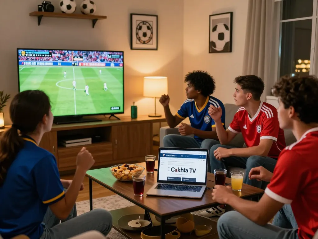 Fans watching live football on Cakhia TV with excitement, surrounded by snacks and drinks.