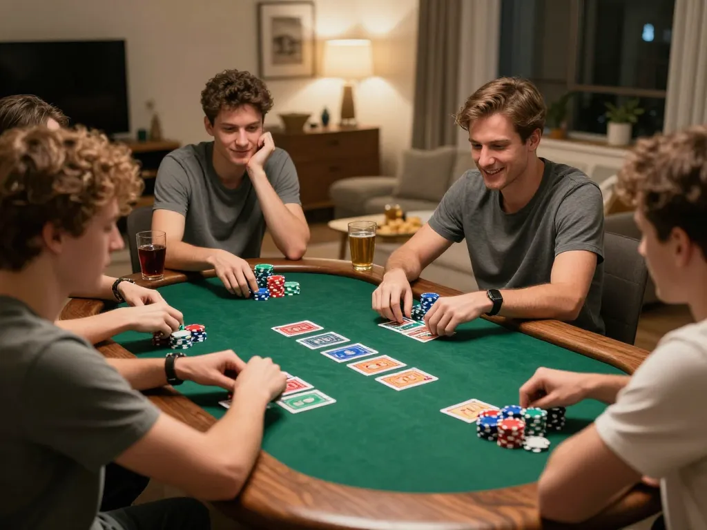 Situs slot poker game in progress with friends celebrating a winning hand over colorful chips.