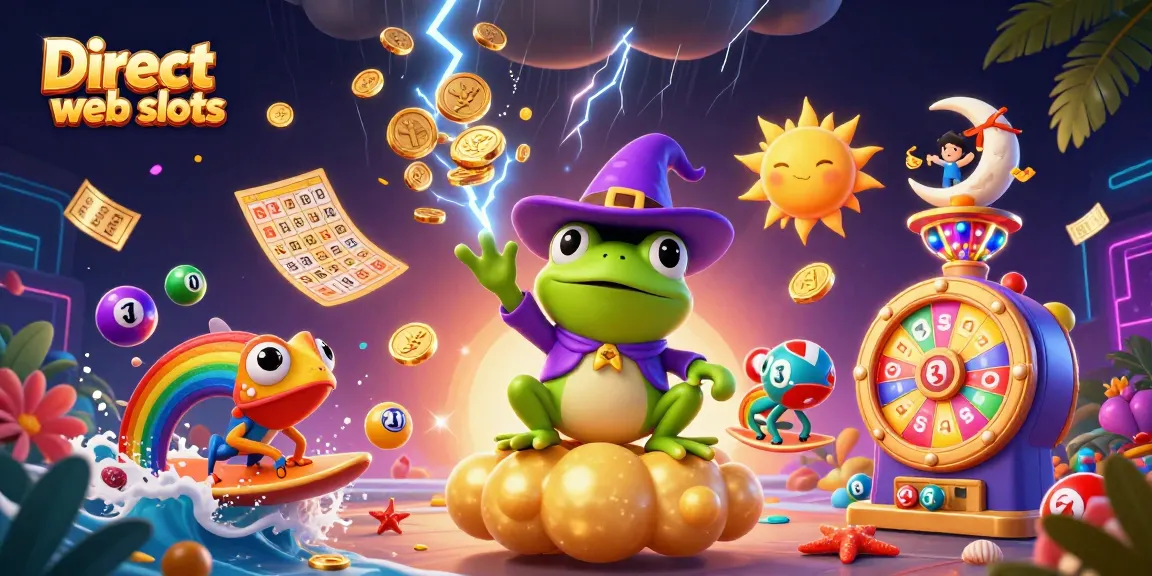 Experience the excitement of Direct web slots with a vibrant 3D scene of a wizard frog and chameleon amidst a storm of coins.