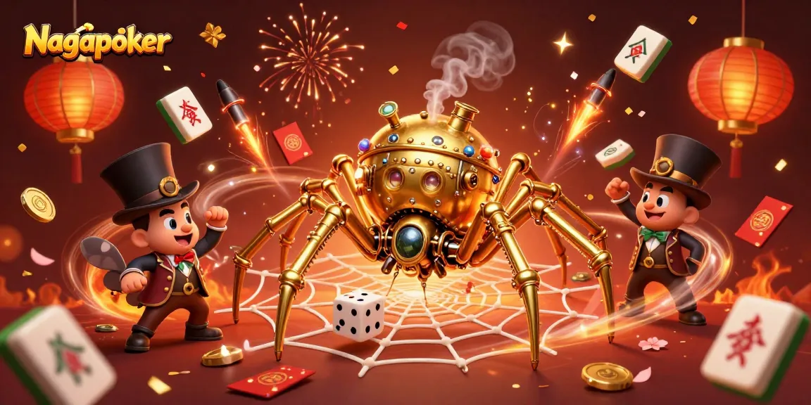 Nagapoker interactive gaming scene with a golden spider caught in a web of vibrant poker elements
