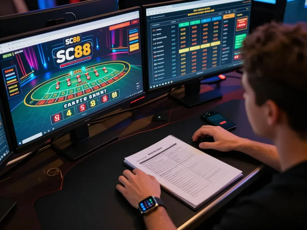 Engaging online gaming scene with SC88 platform interface showcasing live dealer baccarat and sports betting.