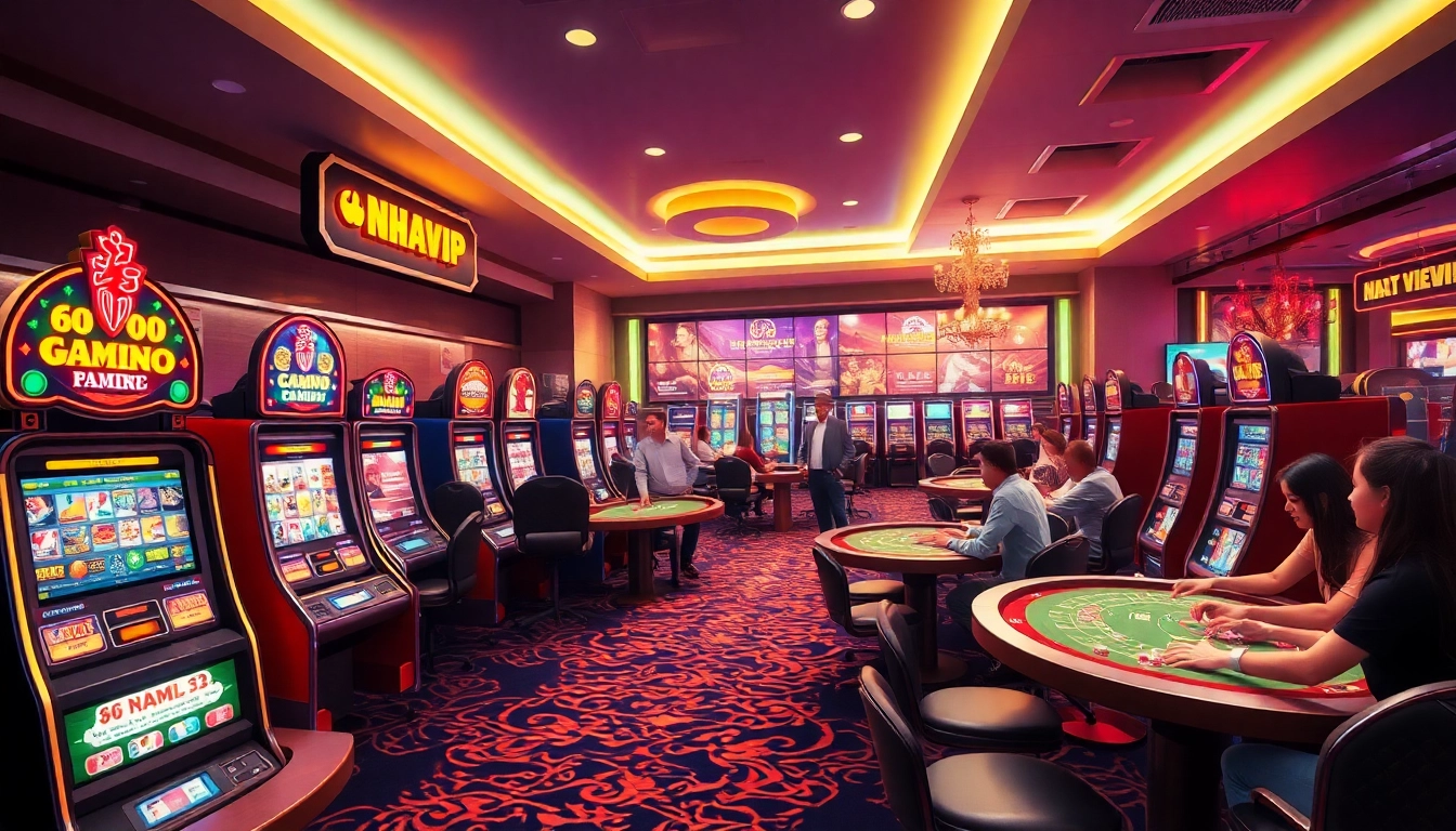 Nhatvip vibrant online gambling scene with colorful games and players enjoying a premium experience