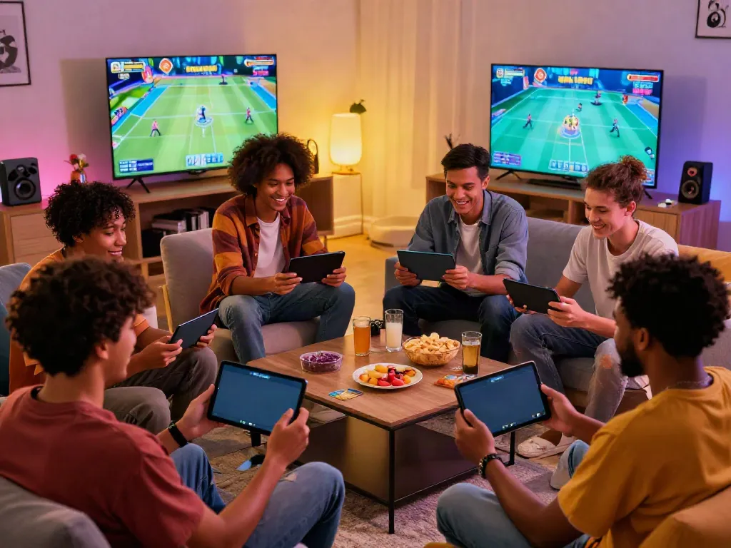 Friends enjoying the Rumble Rummy app in a vibrant gaming atmosphere with snacks.