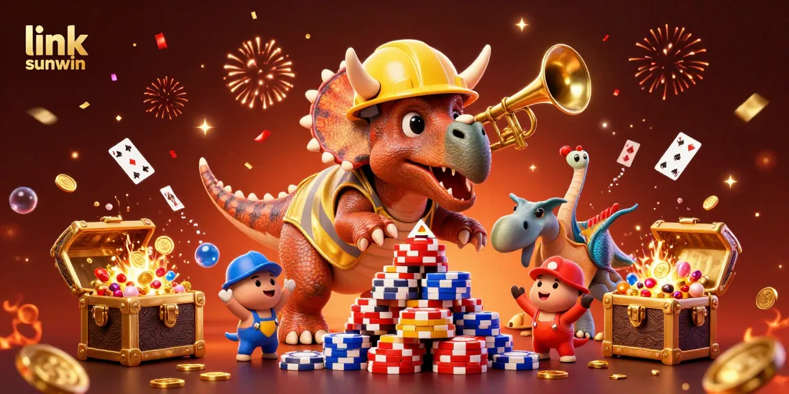Experience excitement with link sunwin as animated characters build poker chip pyramids and celebrate.