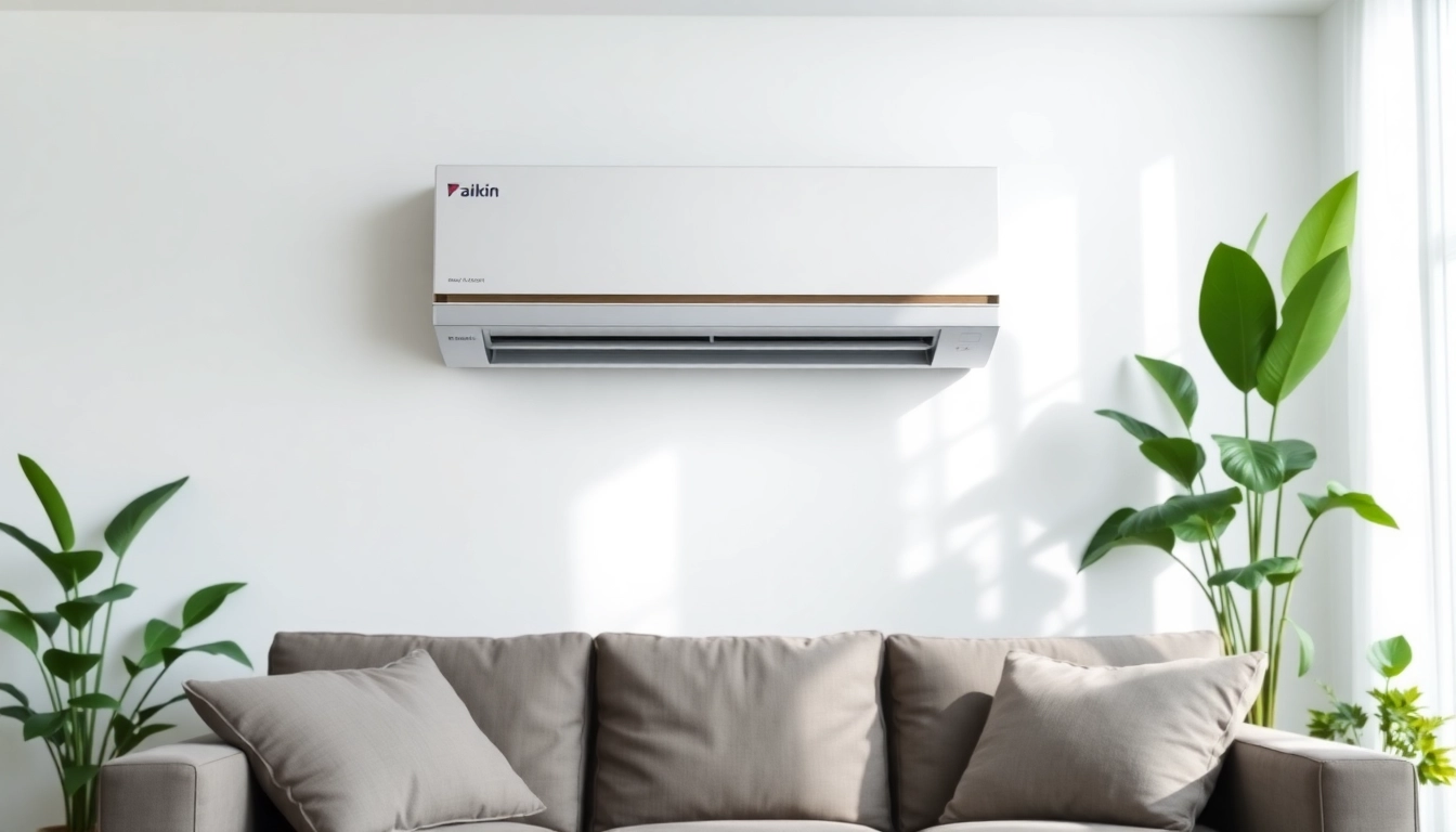 Install a Daikin mini split AC in a modern living room with sleek design and bright atmosphere.