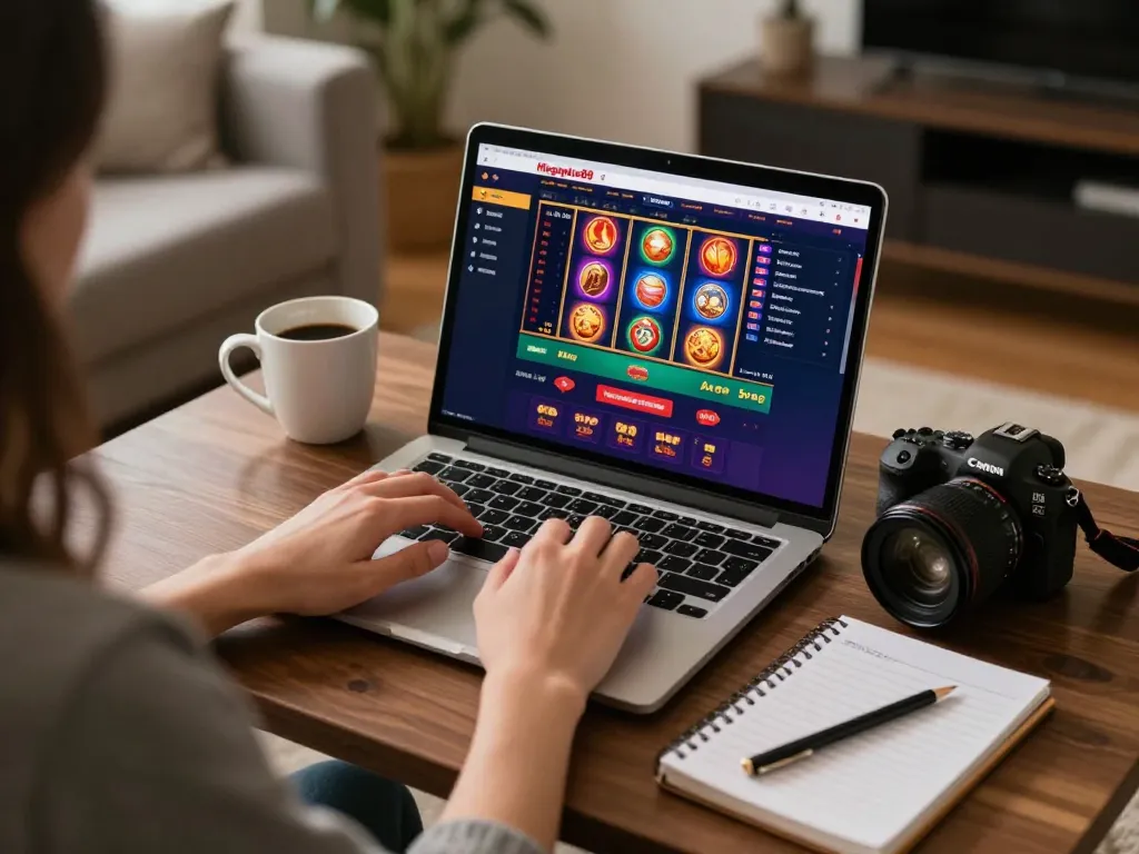 Person enjoying Megaplus88 online casino games on their laptop with betting notes in a cozy living room.
