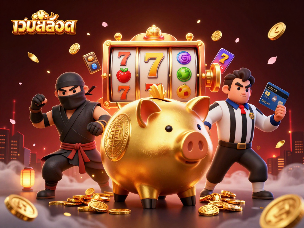 Engage with เว็บสล็อต through vibrant 3D illustration showcasing a dynamic casino scene filled with exciting game elements.
