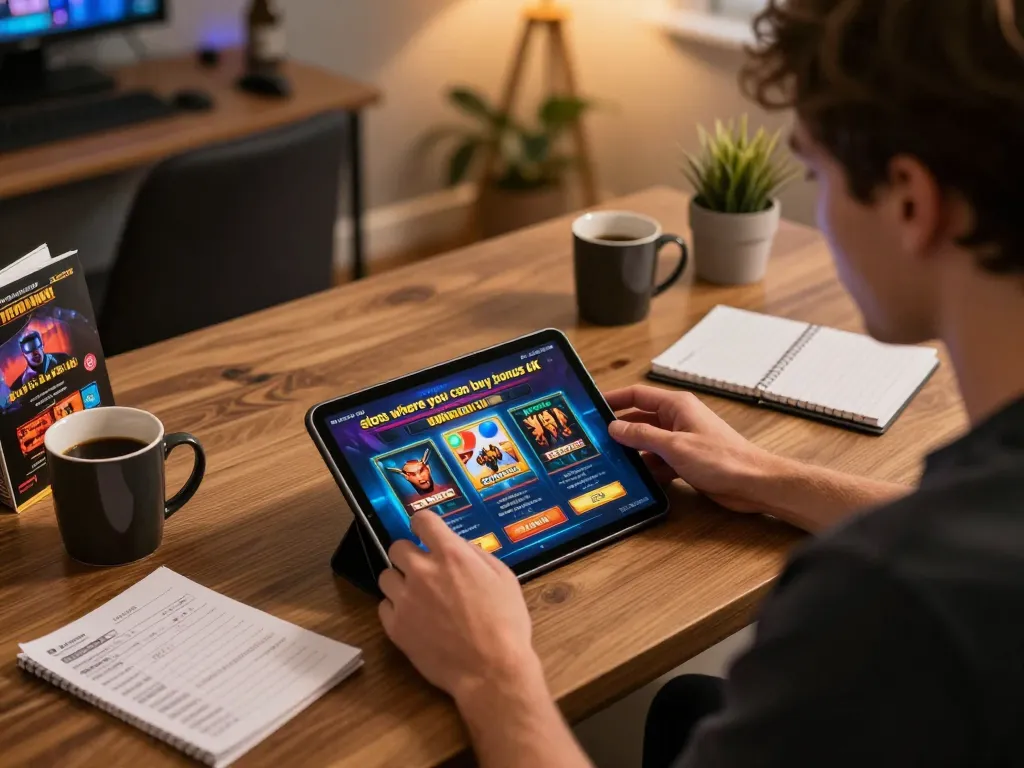 Engaging in online gaming with slots where you can buy bonus UK on tablet in a stylish home office.