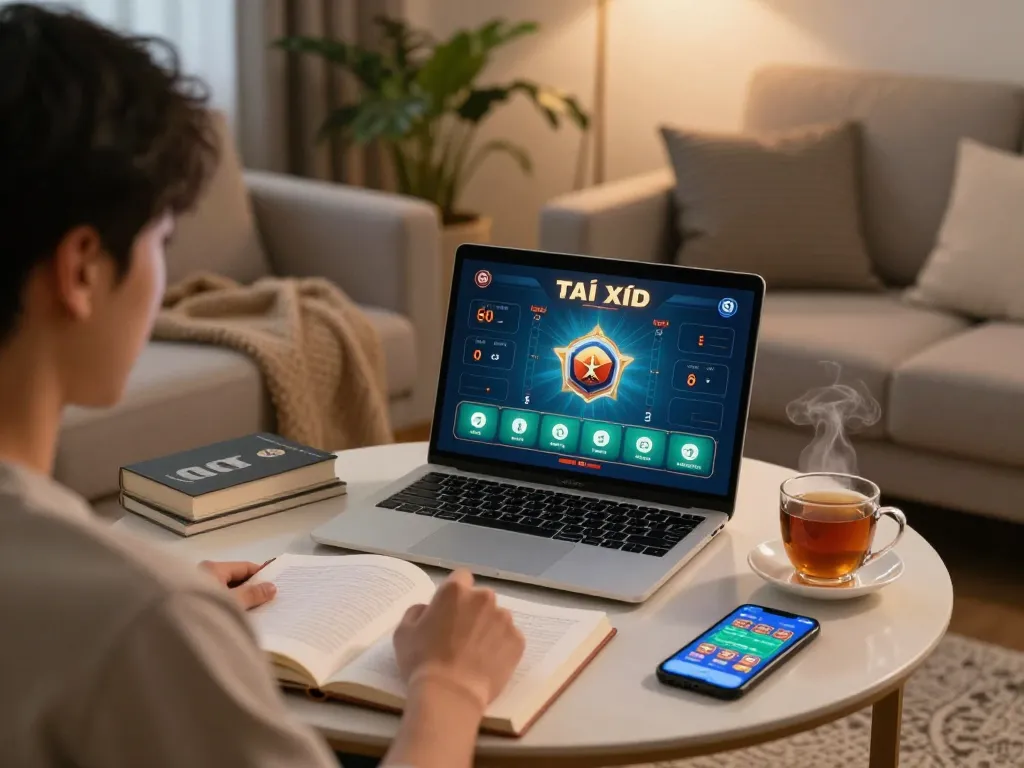 Tài xỉu online gameplay on a laptop with strategy books and a smartphone in a cozy home setting